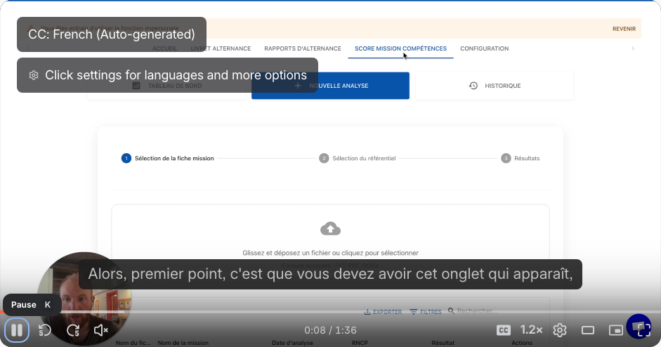Onglet Score Mission-Competences dans YPareo